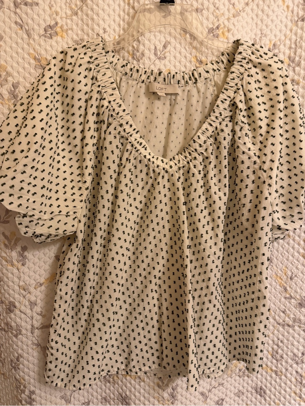 LOFT Cream Blouse with Dark Green Dot Print